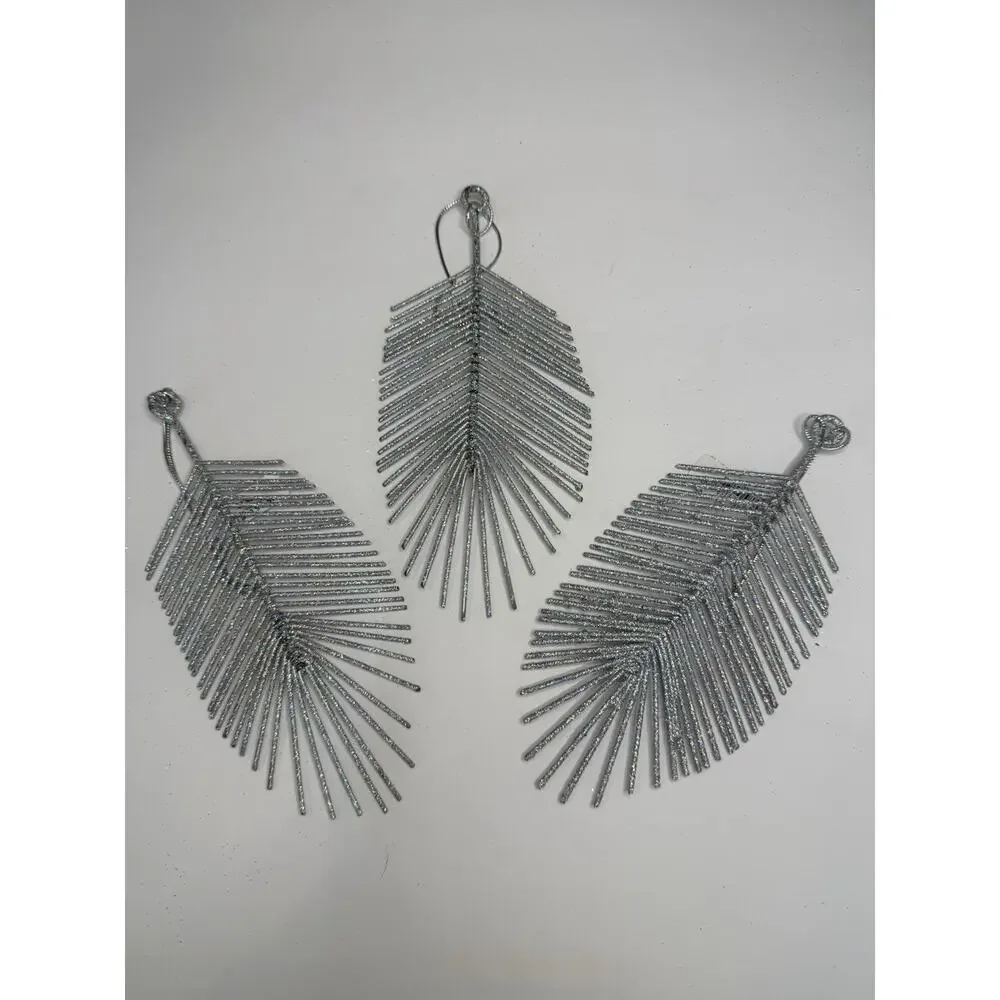 West Elm Silver Glitter Feather Ornaments Set of 3 Modern Holiday Christmas